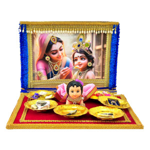 Yashoda Krishna Feeding Scene with Baby Krishna Doll and Golden Utensils Set